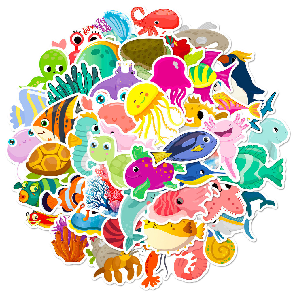 50枚入り海洋生物ステッカー - かわいい漫画のイルカとサメ - Marine Aquarium & Regional Centre Reviews のレビューと価格